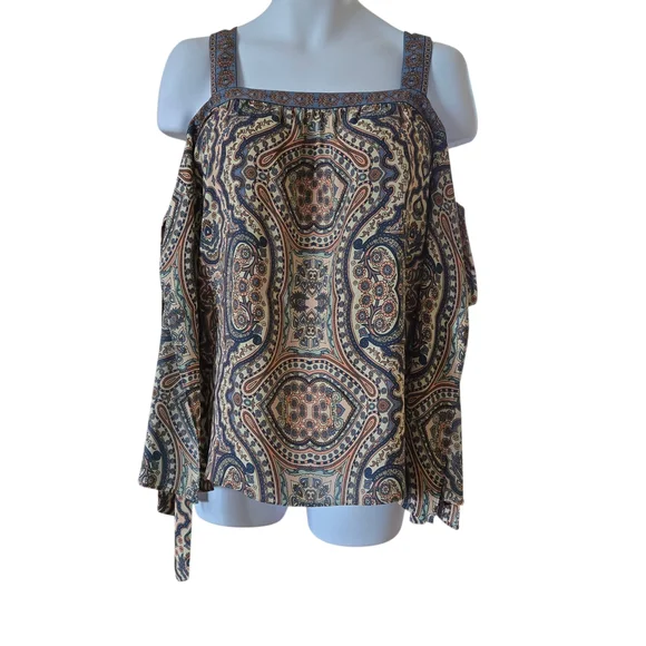 BCBGMaxAzria Brown Patterned Off-Shoulder Blouse - Picture 3 of 12